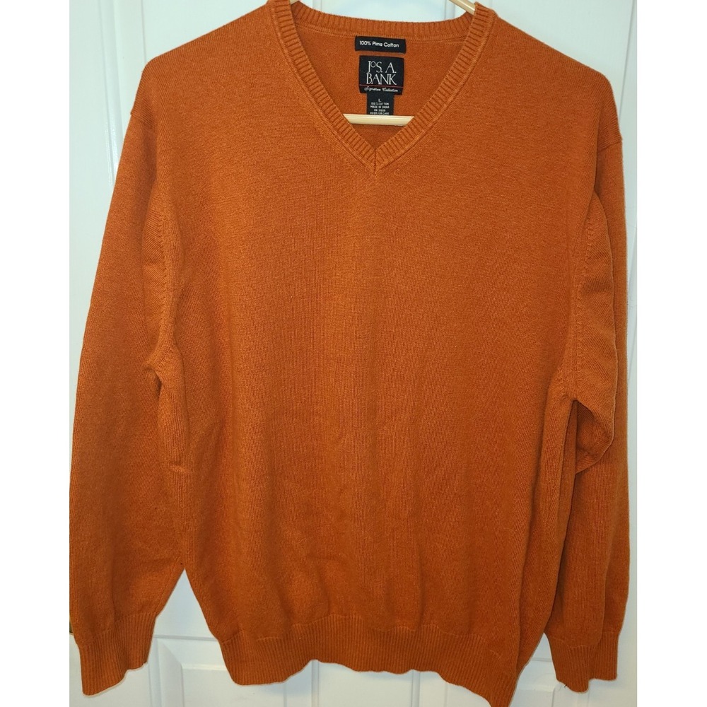 Jos A Bank Traveller‎ Size L Mens Knit Sweater V Neck 100% Pima Cotton Orange
